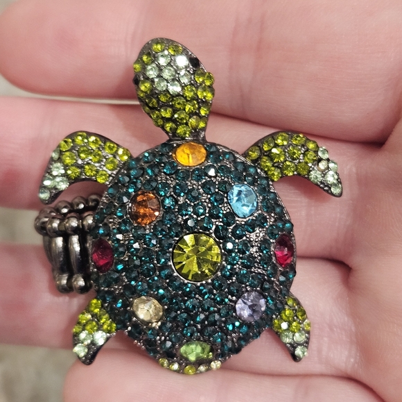 Hematite Turtle Tortoise Muticolor Crystal Rhinestone Stretch Ring - Picture 3 of 6